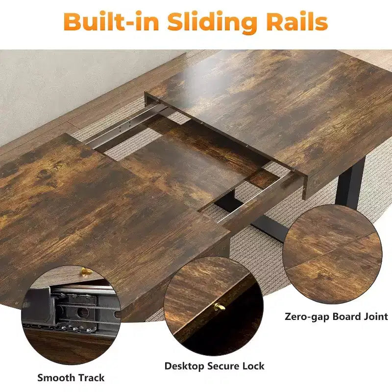 Table de ferme extensible 63-78,7 po, 6 à 10 places avec rail métallique et pieds coniques en U, table rectangulaire marron rustique pour salle à manger et bureau