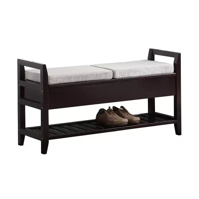 Banc à chaussures de rangement avec coussin, Organisateur d'entrée en bois, Espresso