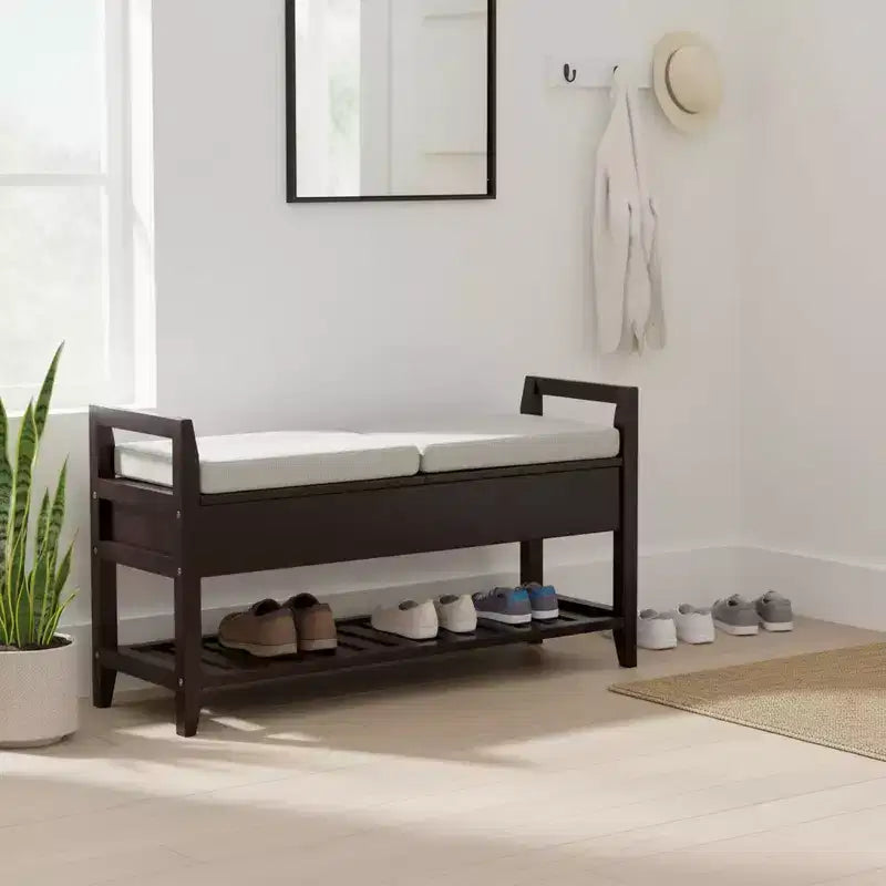 Banc à chaussures de rangement avec coussin, Organisateur d'entrée en bois, Espresso