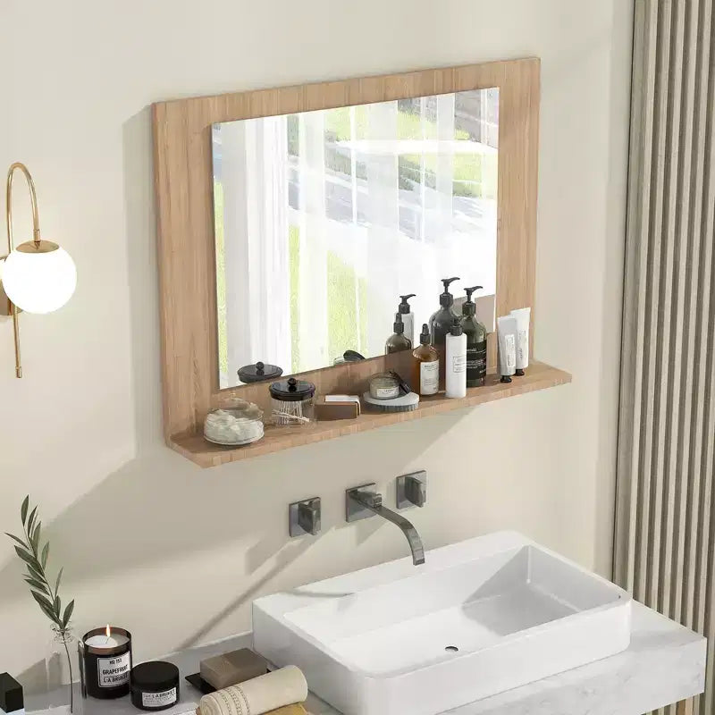 Miroir de salle de bain avec étagère 23,5 x 17,5 Cadre en bois rectangulaire Miroir de courtoisie