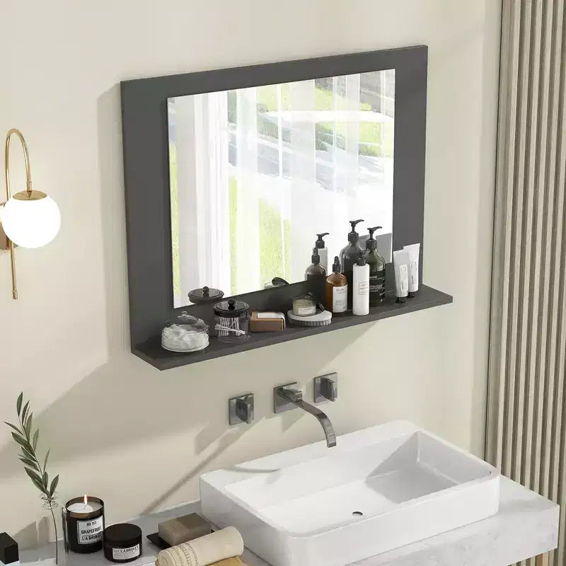 Miroir de salle de bain avec étagère 23,5 x 17,5 Cadre en bois rectangulaire Miroir de courtoisie