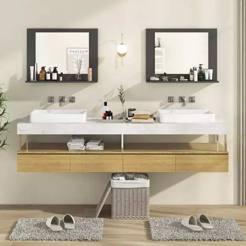 Miroir de salle de bain avec étagère 23,5 x 17,5 Cadre en bois rectangulaire Miroir de courtoisie