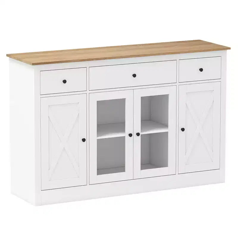 Grand buffet avec 3 tiroirs, 2 portes vitrées et étagères réglables (55 po)