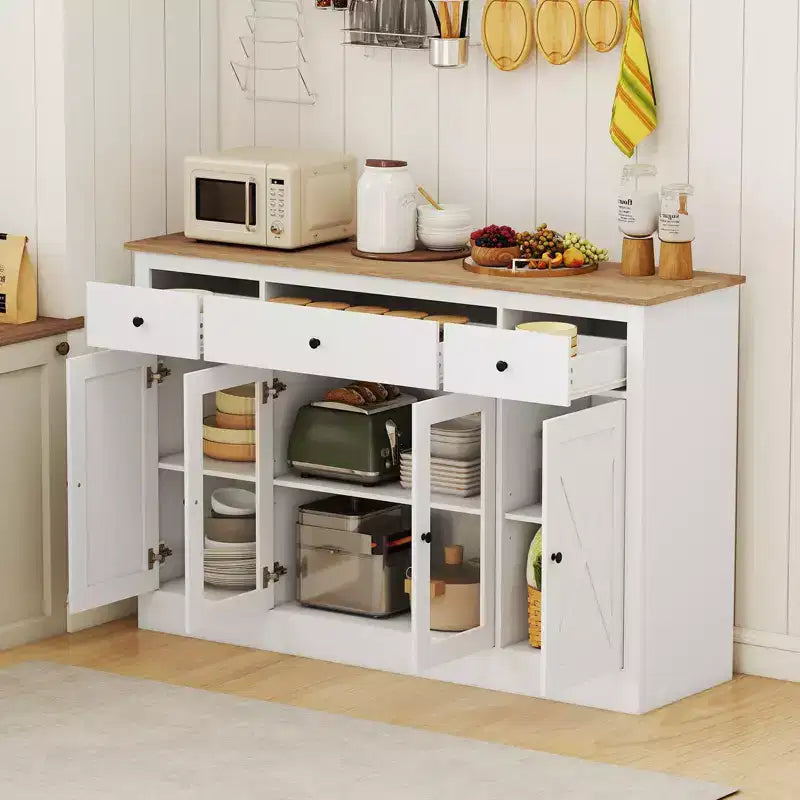 Grand buffet avec 3 tiroirs, 2 portes vitrées et étagères réglables (55 po)