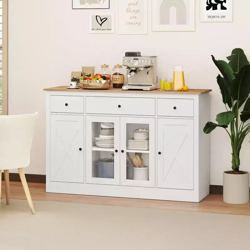 Grand buffet avec 3 tiroirs, 2 portes vitrées et étagères réglables (55 po)