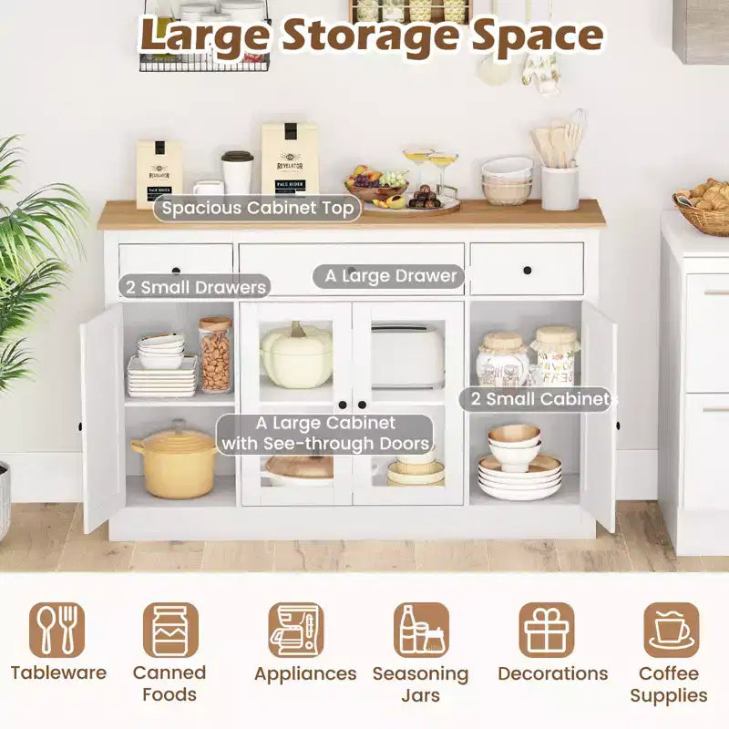 Grand buffet avec 3 tiroirs, 2 portes vitrées et étagères réglables (55 po)