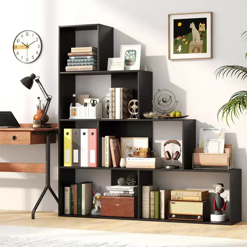Bibliothèque à 4 niveaux avec 6 cubes de rangement, 162 cm de haut, moderne et géométrique en forme d'escalier