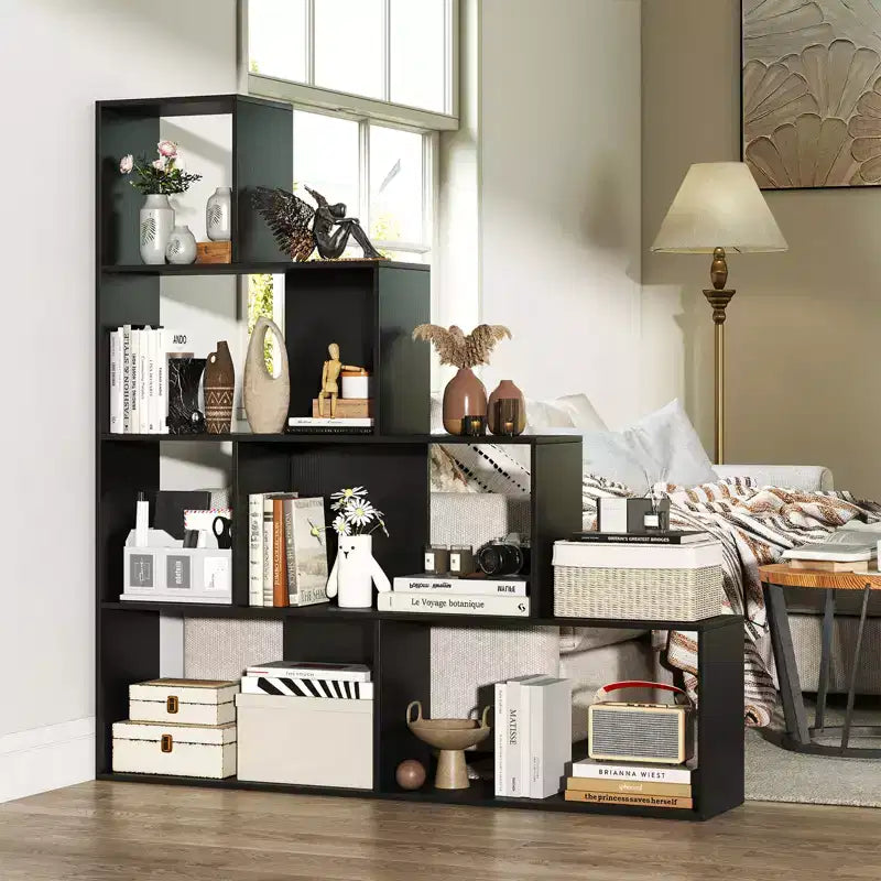 Bibliothèque à 4 niveaux avec 6 cubes de rangement, 162 cm de haut, moderne et géométrique en forme d'escalier