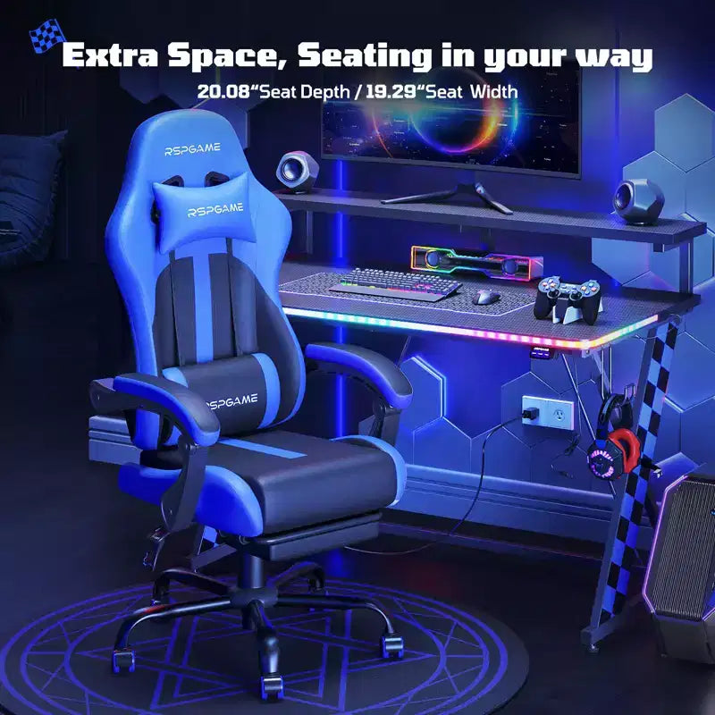 Chaises de jeu ergonomiques de base pour adultes, chaises de bureau en cuir PU avec soutien lombaire, coussin à ressorts ensachés et repose-pieds rétractable