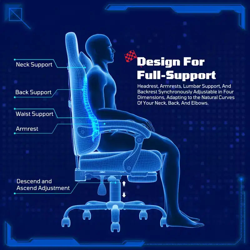 Chaises de jeu ergonomiques de base pour adultes, chaises de bureau en cuir PU avec soutien lombaire, coussin à ressorts ensachés et repose-pieds rétractable