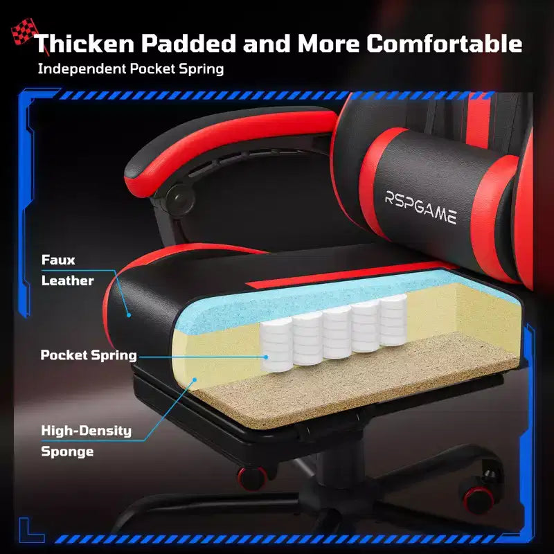 Chaises de jeu ergonomiques de base pour adultes, chaises de bureau en cuir PU avec soutien lombaire, coussin à ressorts ensachés et repose-pieds rétractable