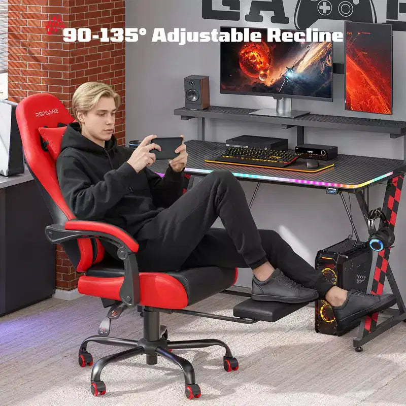 Chaises de jeu ergonomiques de base pour adultes, chaises de bureau en cuir PU avec soutien lombaire, coussin à ressorts ensachés et repose-pieds rétractable