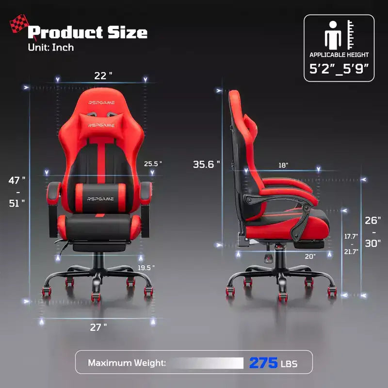 Chaises de jeu ergonomiques de base pour adultes, chaises de bureau en cuir PU avec soutien lombaire, coussin à ressorts ensachés et repose-pieds rétractable