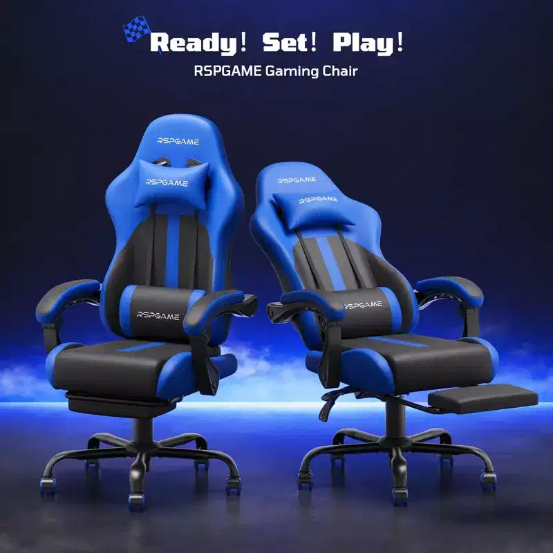 Chaises de jeu ergonomiques de base pour adultes, chaises de bureau en cuir PU avec soutien lombaire, coussin à ressorts ensachés et repose-pieds rétractable