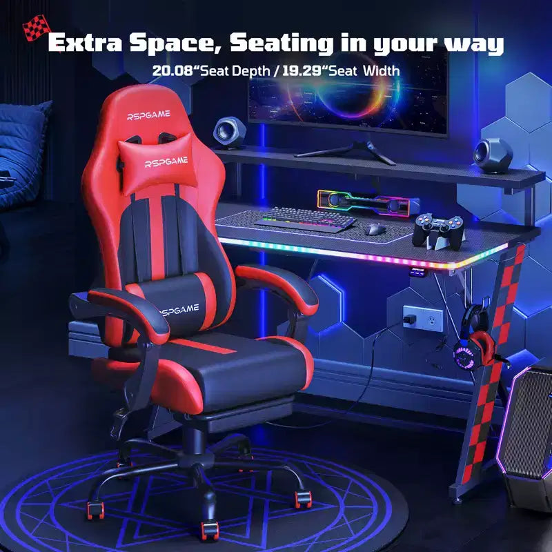 Chaises de jeu ergonomiques de base pour adultes, chaises de bureau en cuir PU avec soutien lombaire, coussin à ressorts ensachés et repose-pieds rétractable