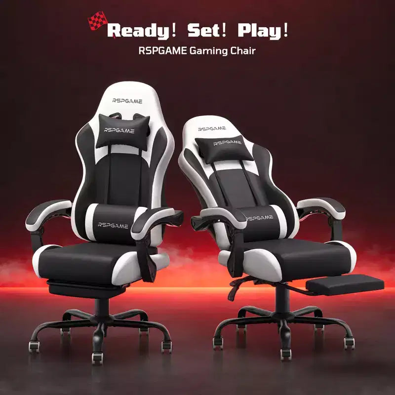 Chaises de jeu ergonomiques de base pour adultes, chaises de bureau en cuir PU avec soutien lombaire, coussin à ressorts ensachés et repose-pieds rétractable