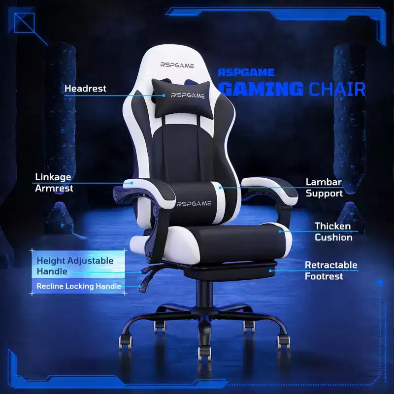 Chaises de jeu ergonomiques de base pour adultes, chaises de bureau en cuir PU avec soutien lombaire, coussin à ressorts ensachés et repose-pieds rétractable