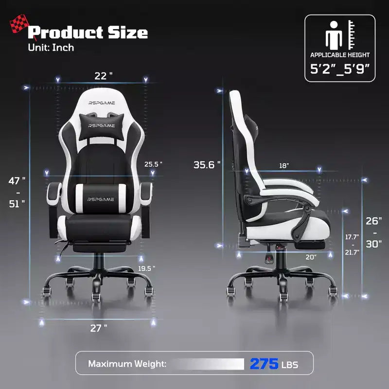 Chaises de jeu ergonomiques de base pour adultes, chaises de bureau en cuir PU avec soutien lombaire, coussin à ressorts ensachés et repose-pieds rétractable