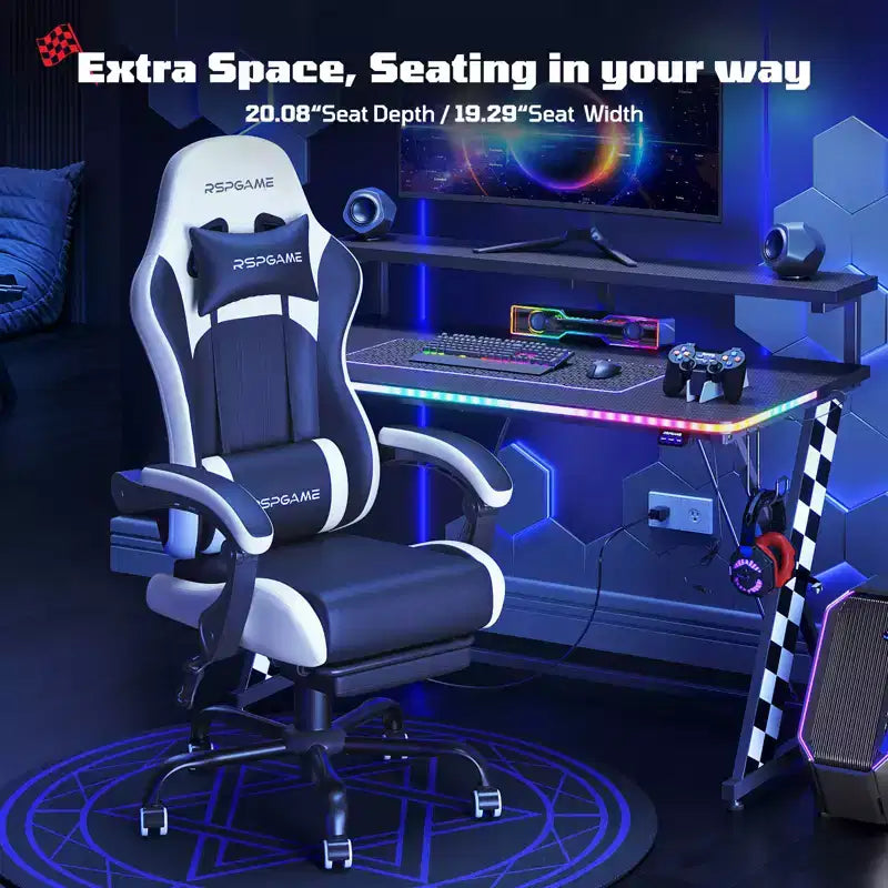 Chaises de jeu ergonomiques de base pour adultes, chaises de bureau en cuir PU avec soutien lombaire, coussin à ressorts ensachés et repose-pieds rétractable