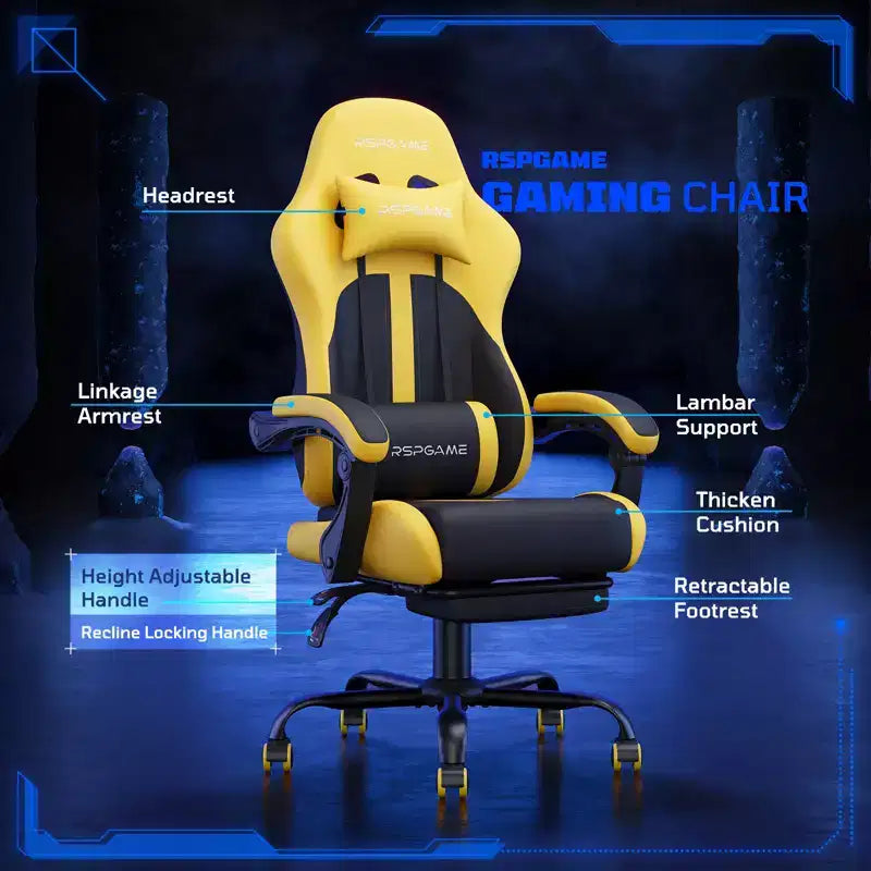 Chaises de jeu ergonomiques de base pour adultes, chaises de bureau en cuir PU avec soutien lombaire, coussin à ressorts ensachés et repose-pieds rétractable