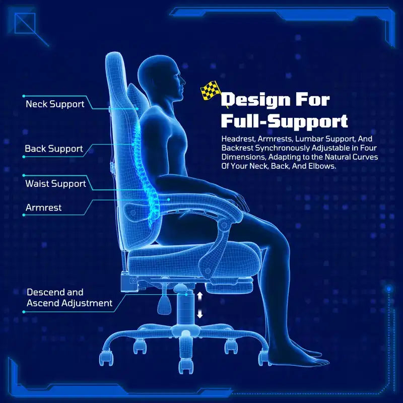 Chaises de jeu ergonomiques de base pour adultes, chaises de bureau en cuir PU avec soutien lombaire, coussin à ressorts ensachés et repose-pieds rétractable