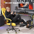 Chaises de jeu ergonomiques de base pour adultes, chaises de bureau en cuir PU avec soutien lombaire, coussin à ressorts ensachés et repose-pieds rétractable