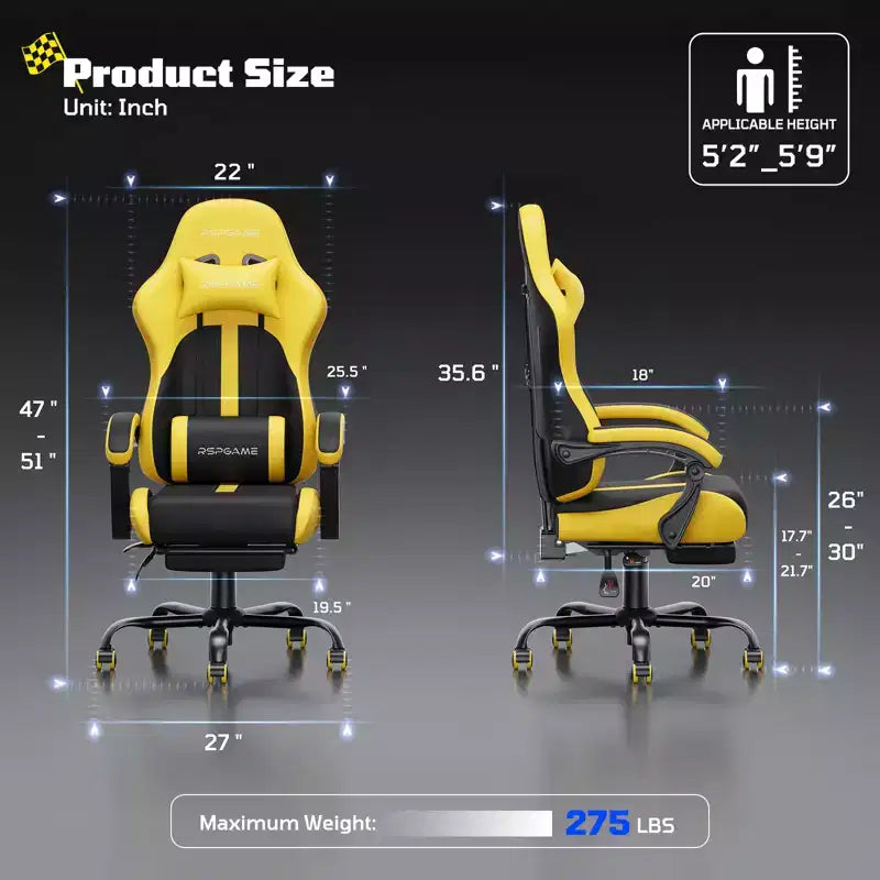 Chaises de jeu ergonomiques de base pour adultes, chaises de bureau en cuir PU avec soutien lombaire, coussin à ressorts ensachés et repose-pieds rétractable