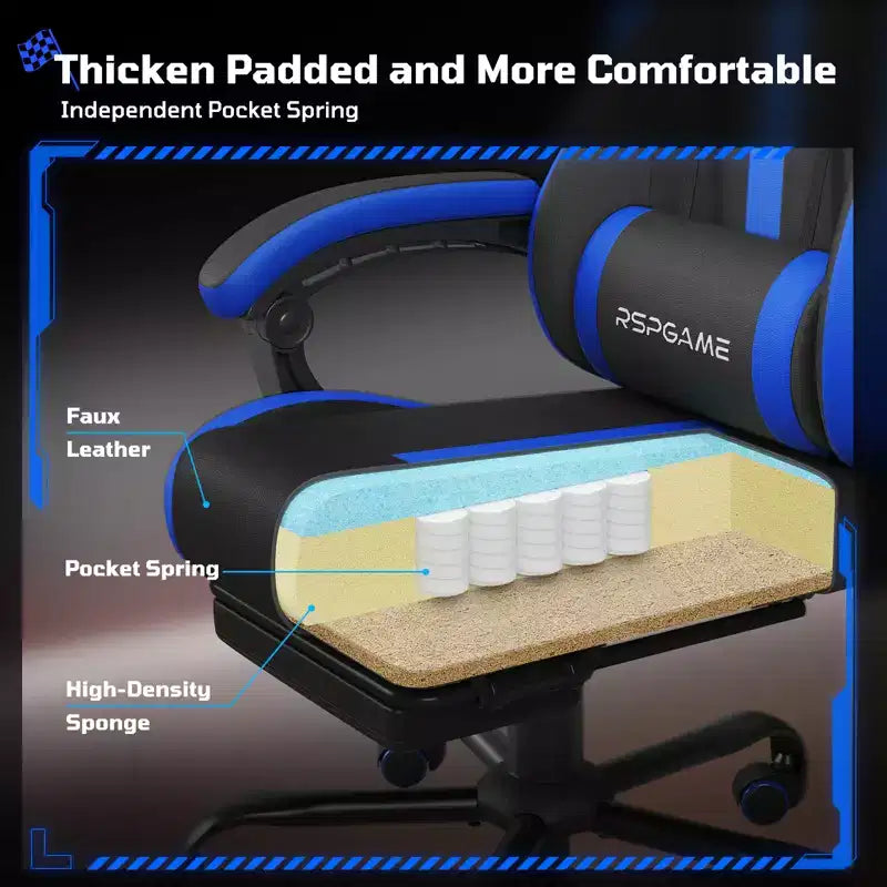 Chaises de jeu ergonomiques de base pour adultes, chaises de bureau en cuir PU avec soutien lombaire, coussin à ressorts ensachés et repose-pieds rétractable