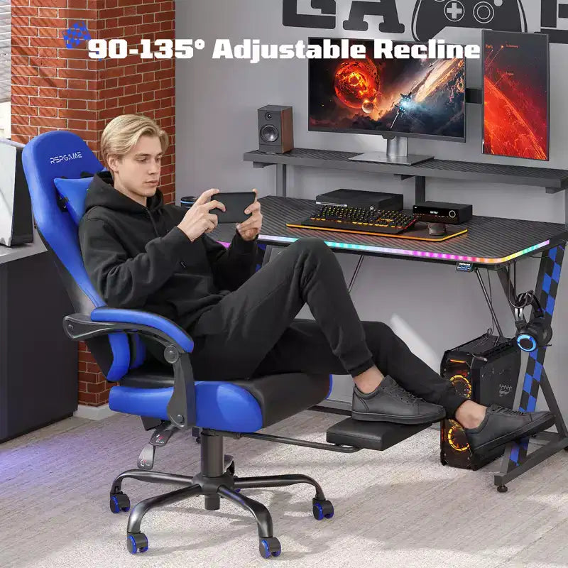 Chaises de jeu ergonomiques de base pour adultes, chaises de bureau en cuir PU avec soutien lombaire, coussin à ressorts ensachés et repose-pieds rétractable