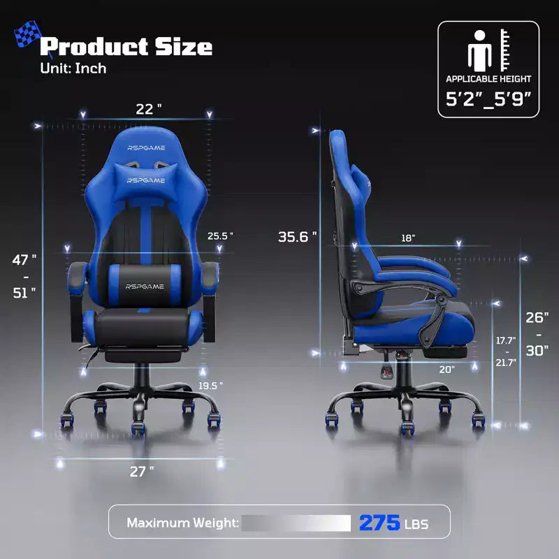 Chaises de jeu ergonomiques de base pour adultes, chaises de bureau en cuir PU avec soutien lombaire, coussin à ressorts ensachés et repose-pieds rétractable