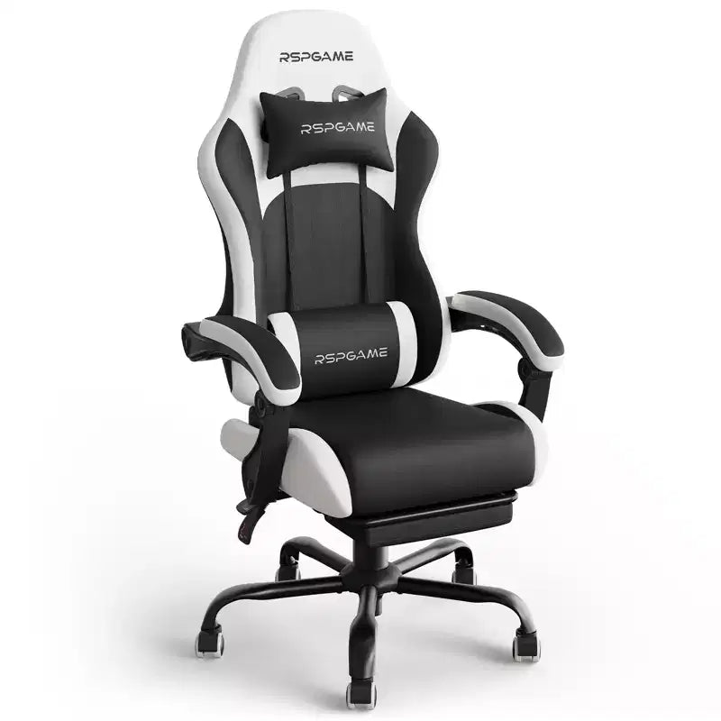 Chaises de jeu ergonomiques de base pour adultes, chaises de bureau en cuir PU avec soutien lombaire, coussin à ressorts ensachés et repose-pieds rétractable