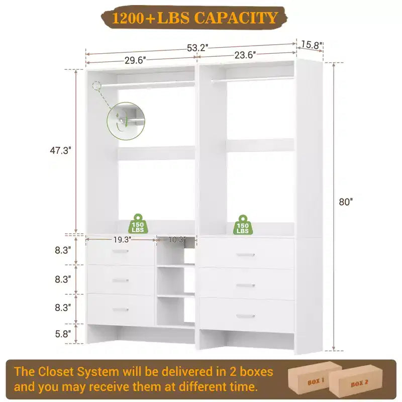 Ensemble de système de rangement pour placard de 54 pouces avec tiroirs en bois, organisateur de placard autoportant avec tringles de suspension