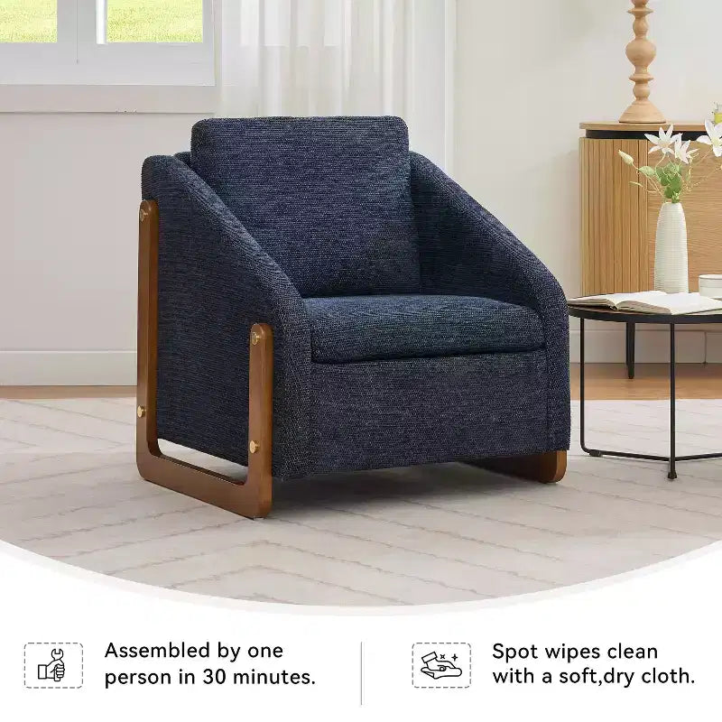 Fauteuil en chenille, accoudoirs en bois, assise rembourrée, salon chambre, beige