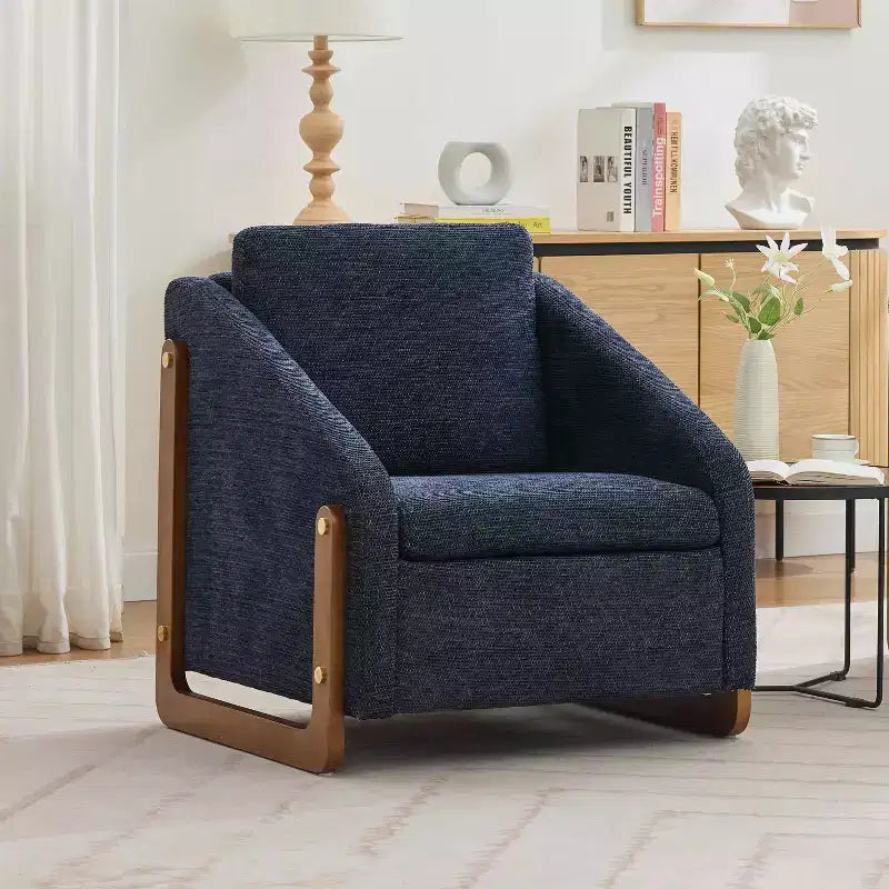 Fauteuil en chenille, accoudoirs en bois, assise rembourrée, salon chambre, beige