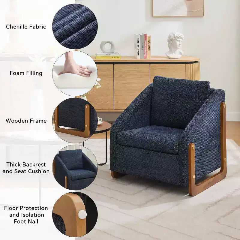 Fauteuil en chenille, accoudoirs en bois, assise rembourrée, salon chambre, beige