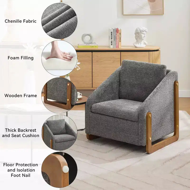 Fauteuil en chenille, accoudoirs en bois, assise rembourrée, salon chambre, beige