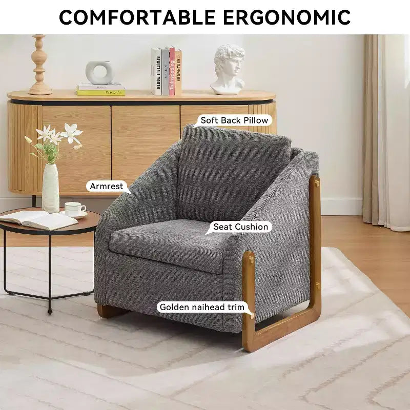 Fauteuil en chenille, accoudoirs en bois, assise rembourrée, salon chambre, beige
