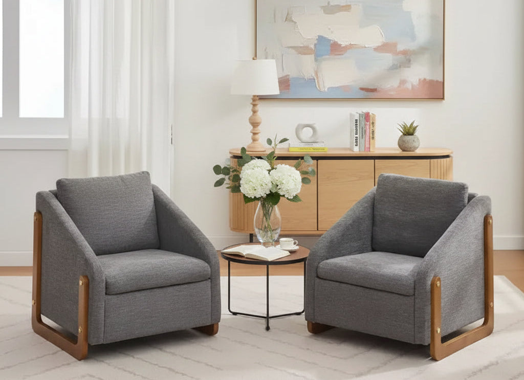 Fauteuil en chenille, accoudoirs en bois, assise rembourrée, salon chambre, beige