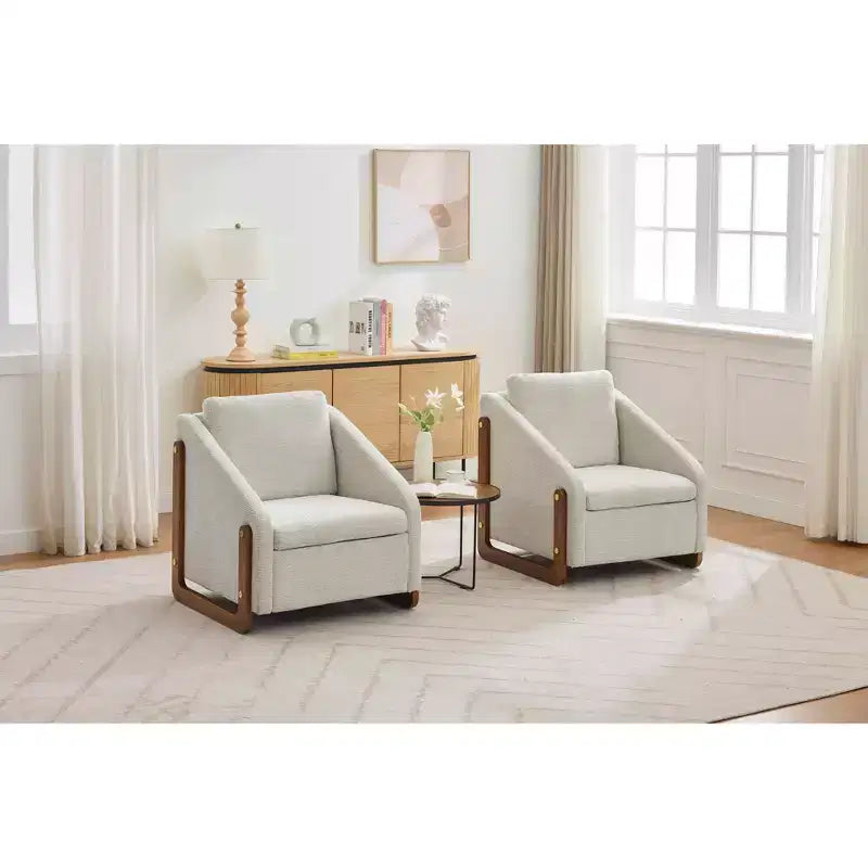 Fauteuil en chenille, accoudoirs en bois, assise rembourrée, salon chambre, beige