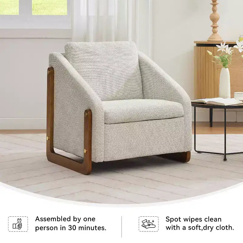 Fauteuil en chenille, accoudoirs en bois, assise rembourrée, salon chambre, beige