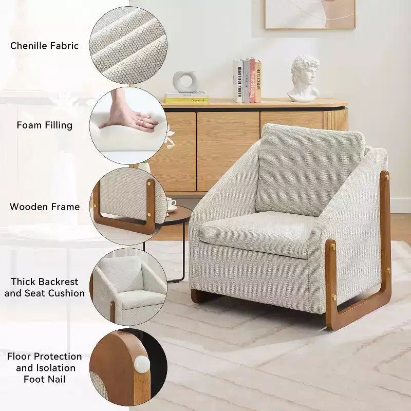 Fauteuil en chenille, accoudoirs en bois, assise rembourrée, salon chambre, beige