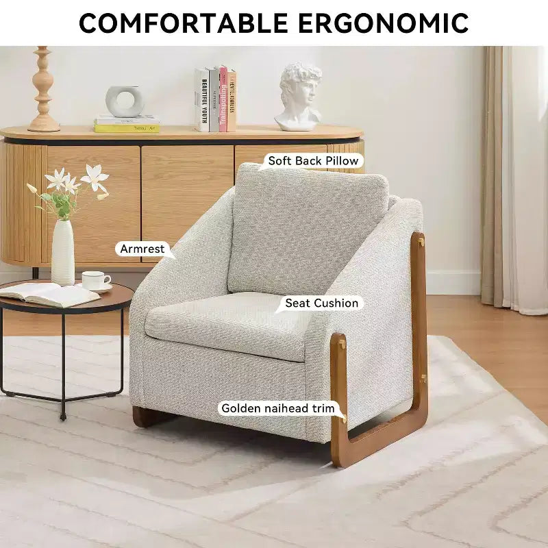 Fauteuil en chenille, accoudoirs en bois, assise rembourrée, salon chambre, beige