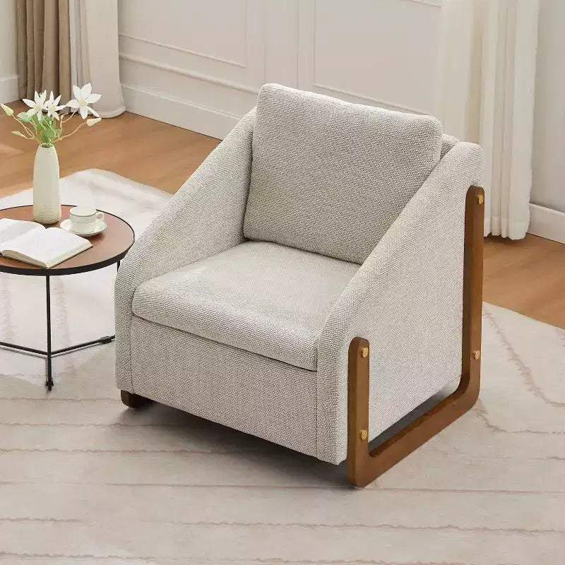 Fauteuil en chenille, accoudoirs en bois, assise rembourrée, salon chambre, beige