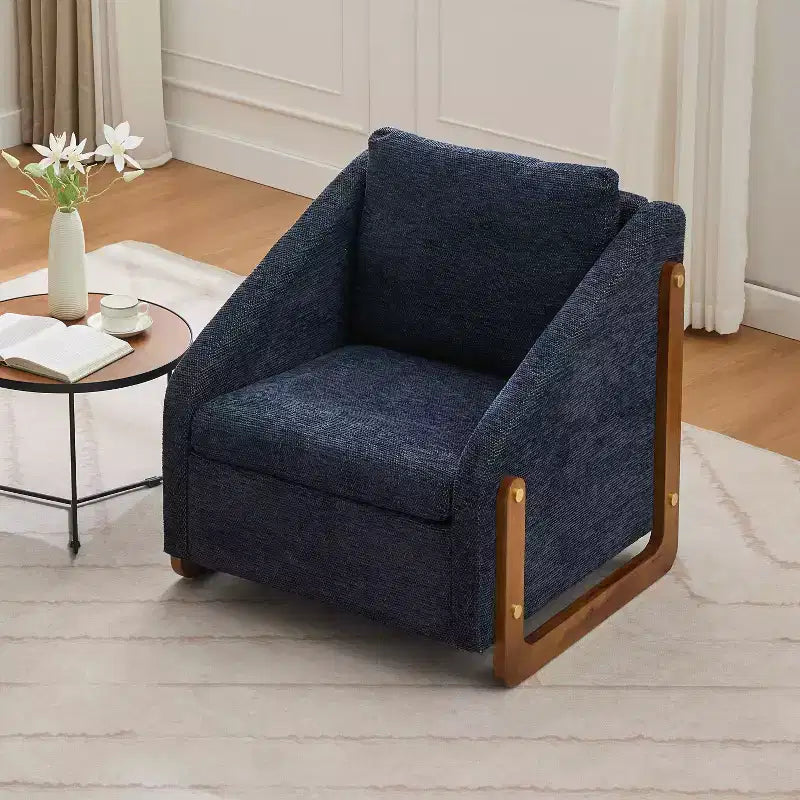 Fauteuil en chenille, accoudoirs en bois, assise rembourrée, salon chambre, beige