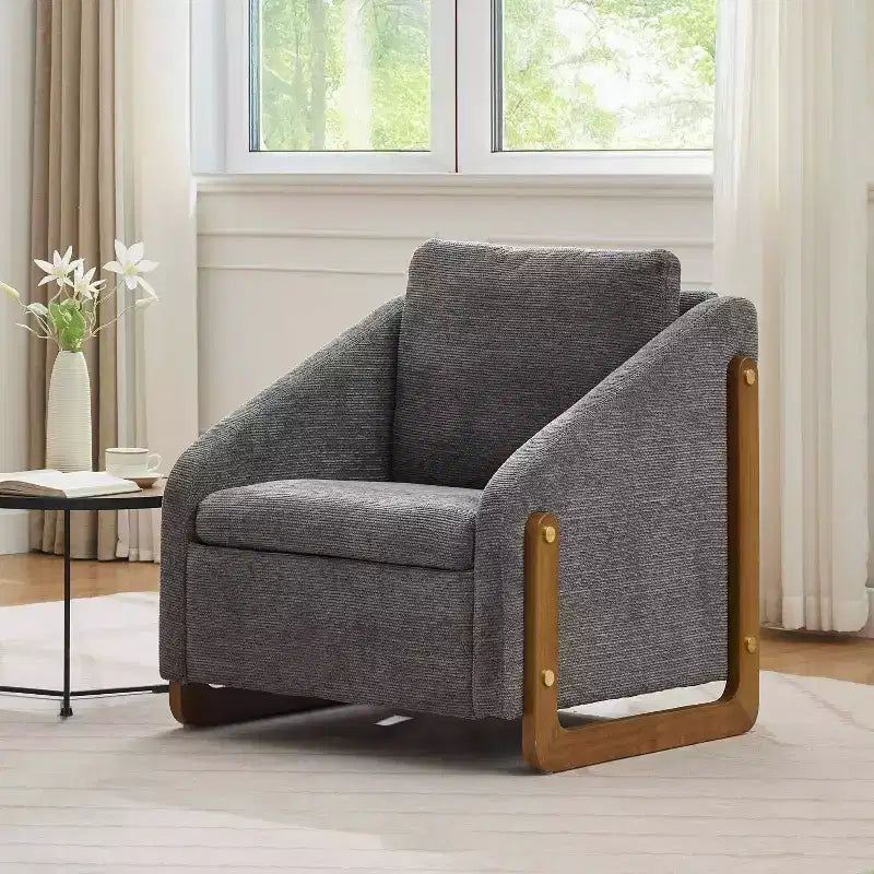 Fauteuil en chenille, accoudoirs en bois, assise rembourrée, salon chambre, beige