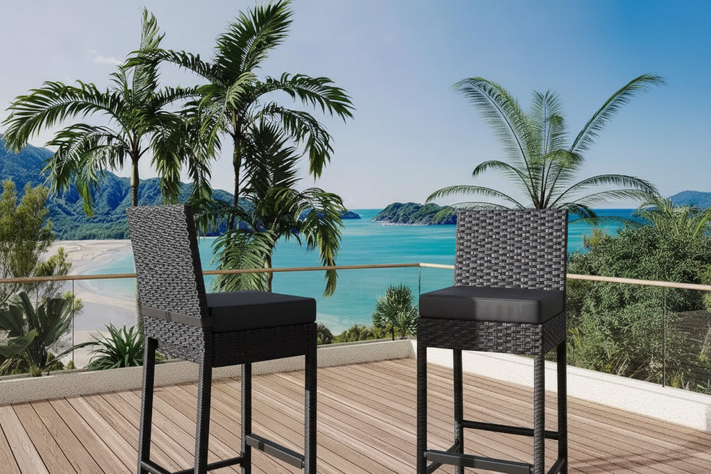 Ensemble de 2 tabourets de bar d'extérieur en osier, tabourets de bar d'extérieur en rotin sans accoudoirs avec coussins, pour jardin, bord de piscine