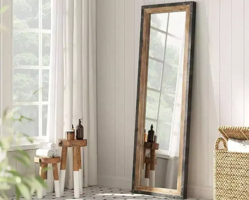 16x48 Leaner Floor Mirror Full Length Large Rustic Standing Leaning Hanging Wood and Metal Long Farmhouse Wall Mirror Brown