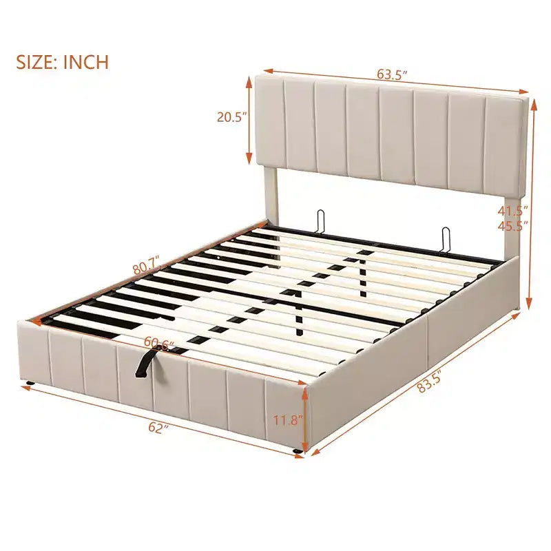 Lit plateforme capitonné Queen Size avec vérin hydraulique et rangement