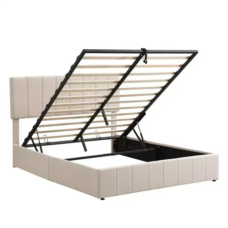 Lit plateforme capitonné Queen Size avec vérin hydraulique et rangement