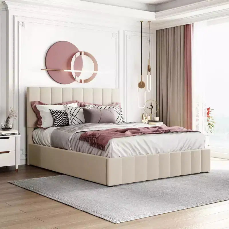 Luxystar Queen Size Upholstered Platform Bed with Hydraulic Lift and Storage